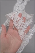 Off-white lace trim with pearls/ pearl embroidered lace trim/ glitter rhinestone trim/ bridal veil lace trim// T20-090