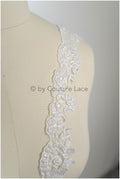 Off-white lace trim with pearls/ pearl embroidered lace trim/ glitter rhinestone trim/ bridal veil lace trim// T20-090