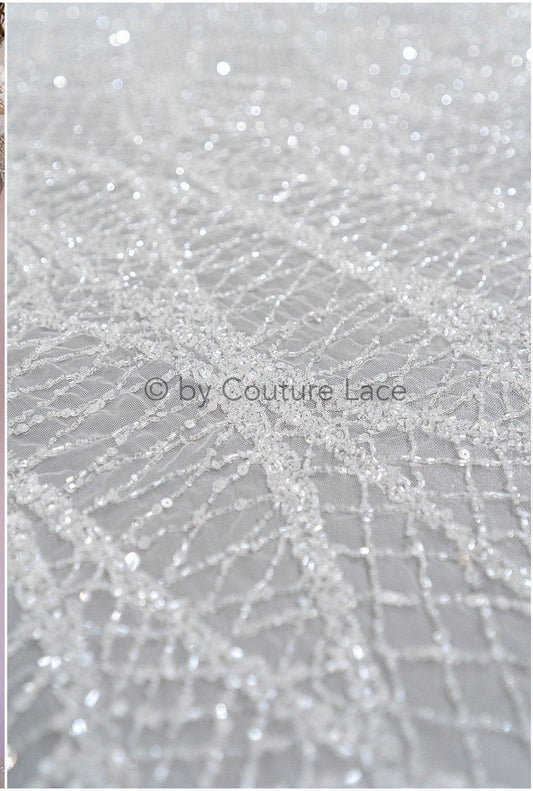 Perlen Spitzenstoff Off-White/ Couture Spitze Stoff/ Brautspitze Stoff mit Perlen/ Perlenspitze// L20-038