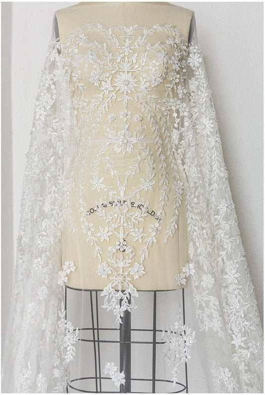 Handperlen Spitzenstoff, Brautkleid Stoff, Hochzeitskleid Tüll, Pallas Couture, Perlen Spitzenstoff, BlattSpitze Design// L17-181