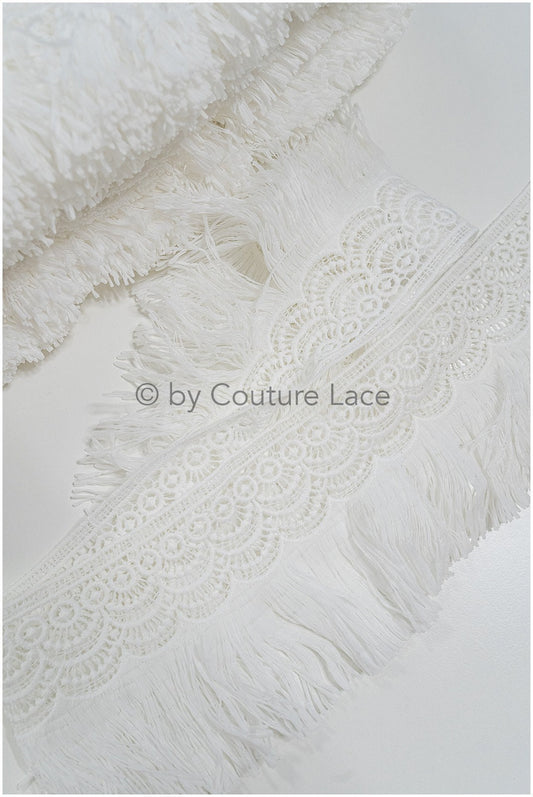 Fringed lace trim with boho pattern/ Off-white lace trim/ Boho lace border/ Brown boho lace// T20-112