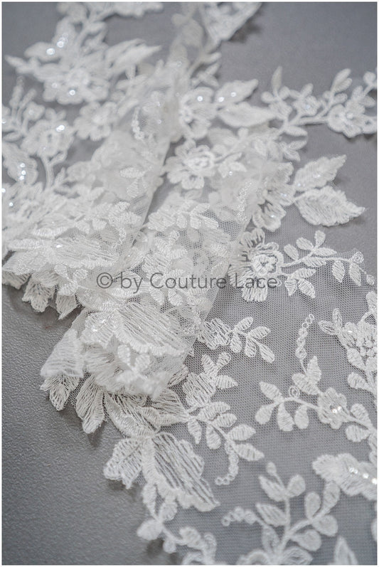 Soft floral lace trim/ Off-white embroidered lace trim/ Veil lace trim/ Bridal lace// T20-091