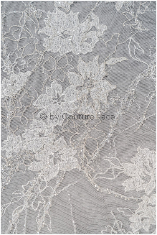 Perlen Spitzenstoff Off-White Silber/ Hochzeitsspitze/ romantischer Blumen Spitzenstoff mit Perlen/ Braut Spitzenstoff// L20-360