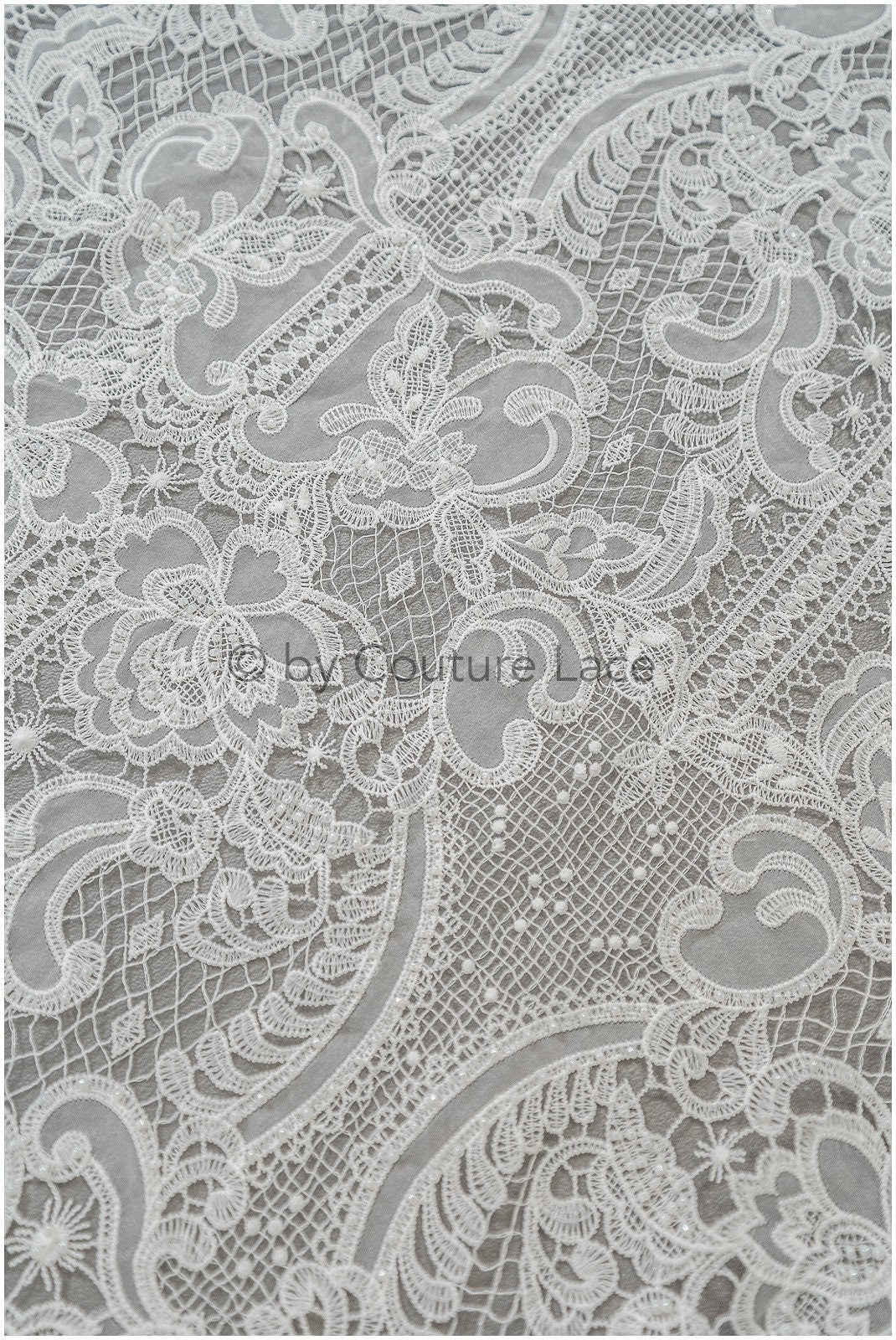 Luxury crochet lace with pearls/ off-white boho wedding lace fabric/ romantic lace with pearls/ chiffon lace// L20-362