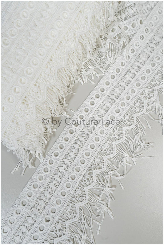 Fringed lace trim with boho pattern/ Off-white boho lace trim/ Guipure lace trim// T20-103