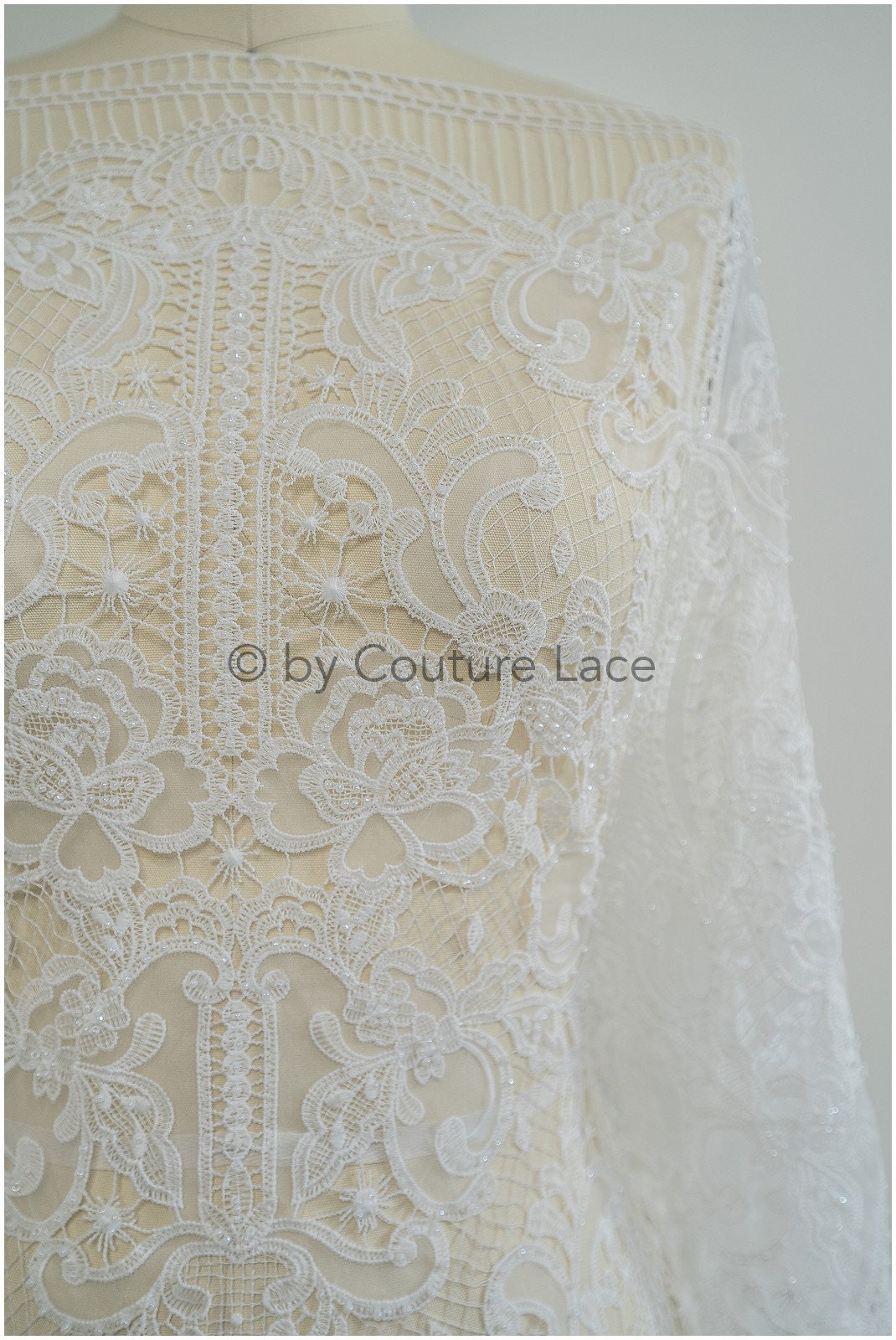 Luxury crochet lace with pearls/ off-white boho wedding lace fabric/ romantic lace with pearls/ chiffon lace// L20-362