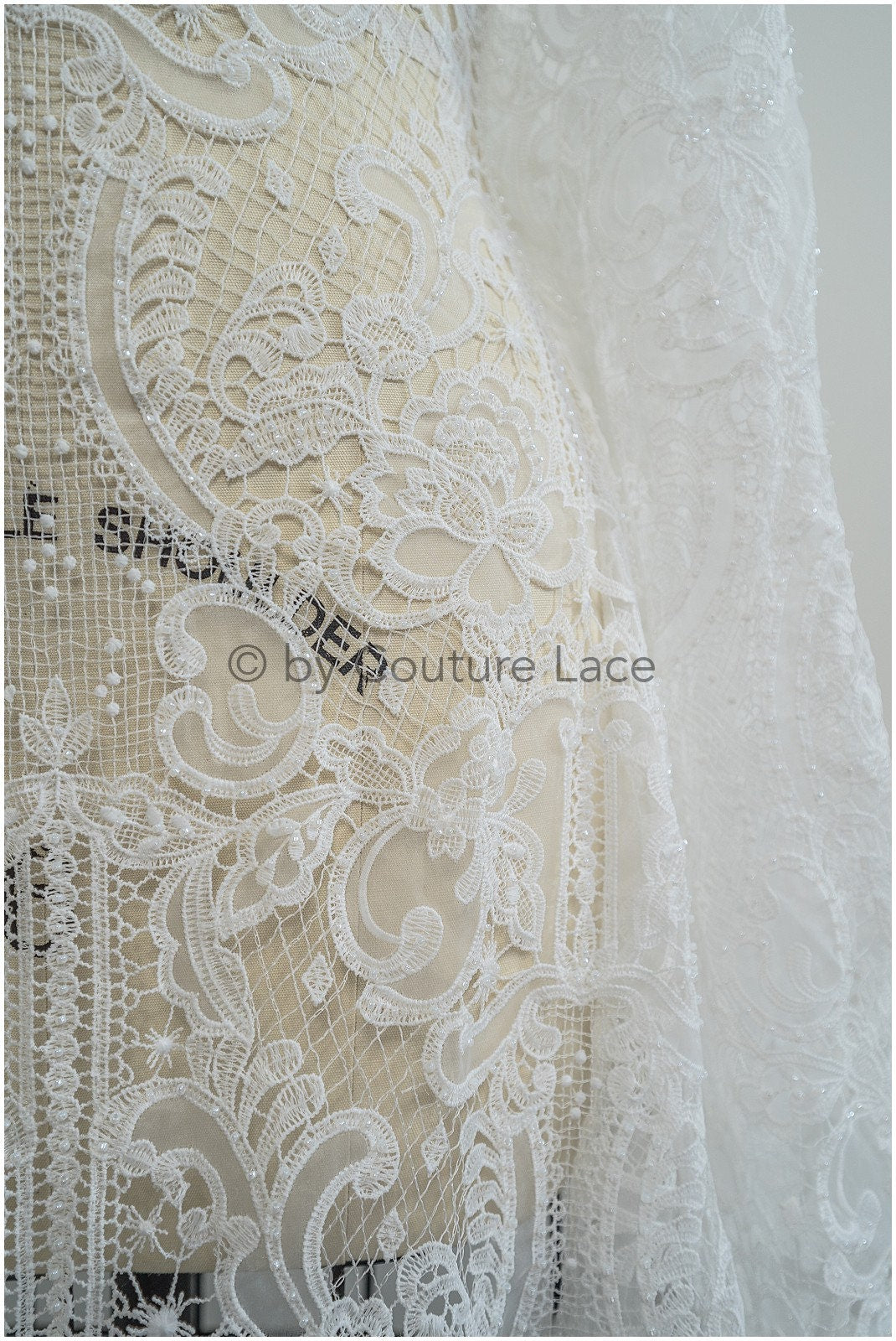 Luxury crochet lace with pearls/ off-white boho wedding lace fabric/ romantic lace with pearls/ chiffon lace// L20-362
