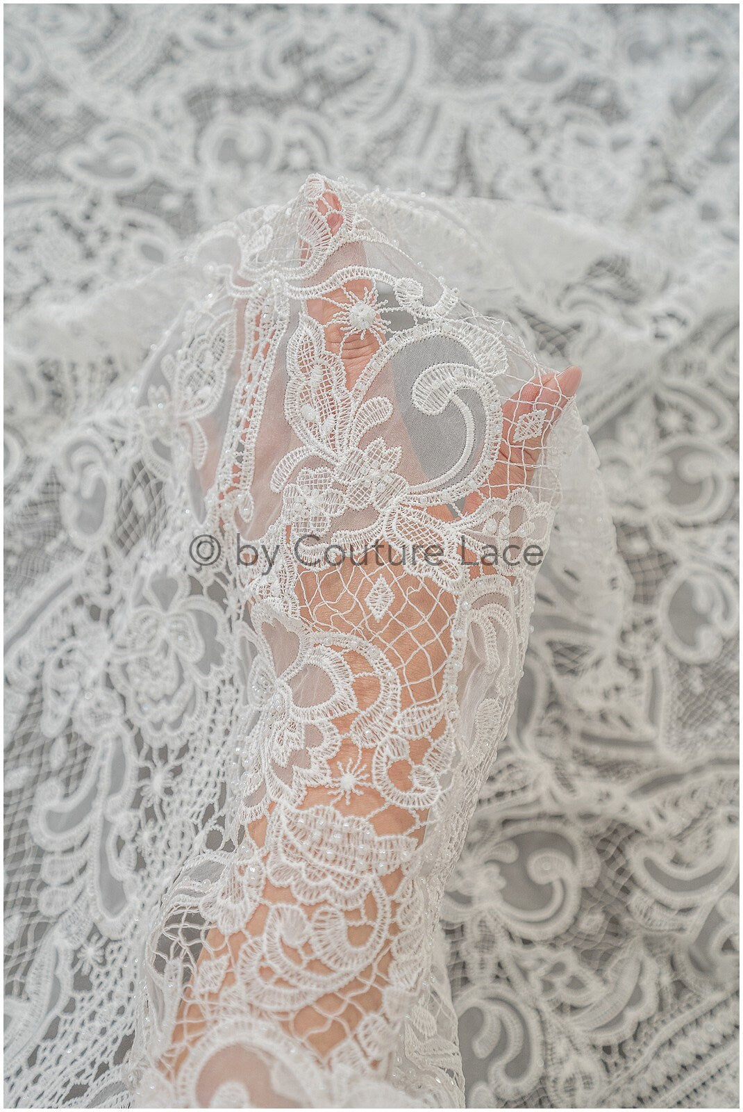 Luxury crochet lace with pearls/ off-white boho wedding lace fabric/ romantic lace with pearls/ chiffon lace// L20-362