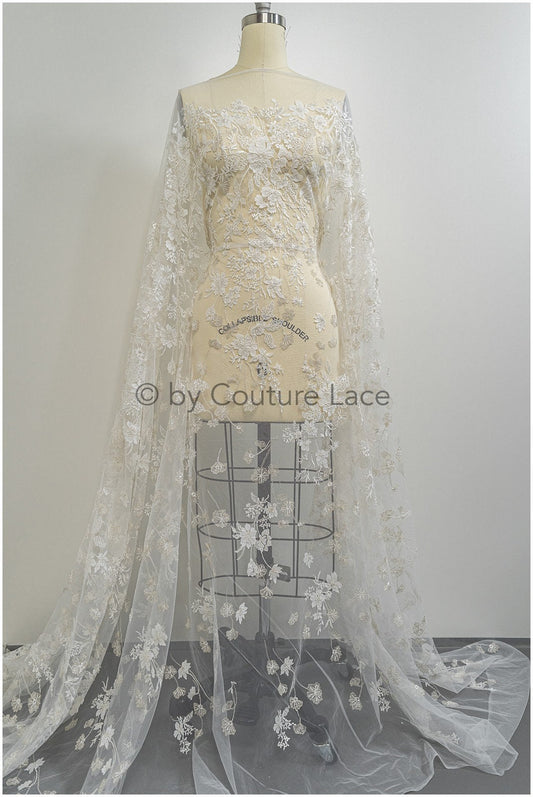 3D Blumen Spitzenstoff Off-White Silber/ Braut Spitzenstoff/ romantischer Blumen Spitzenstoff/ Hochzeit Spitzenstoff// L20-368
