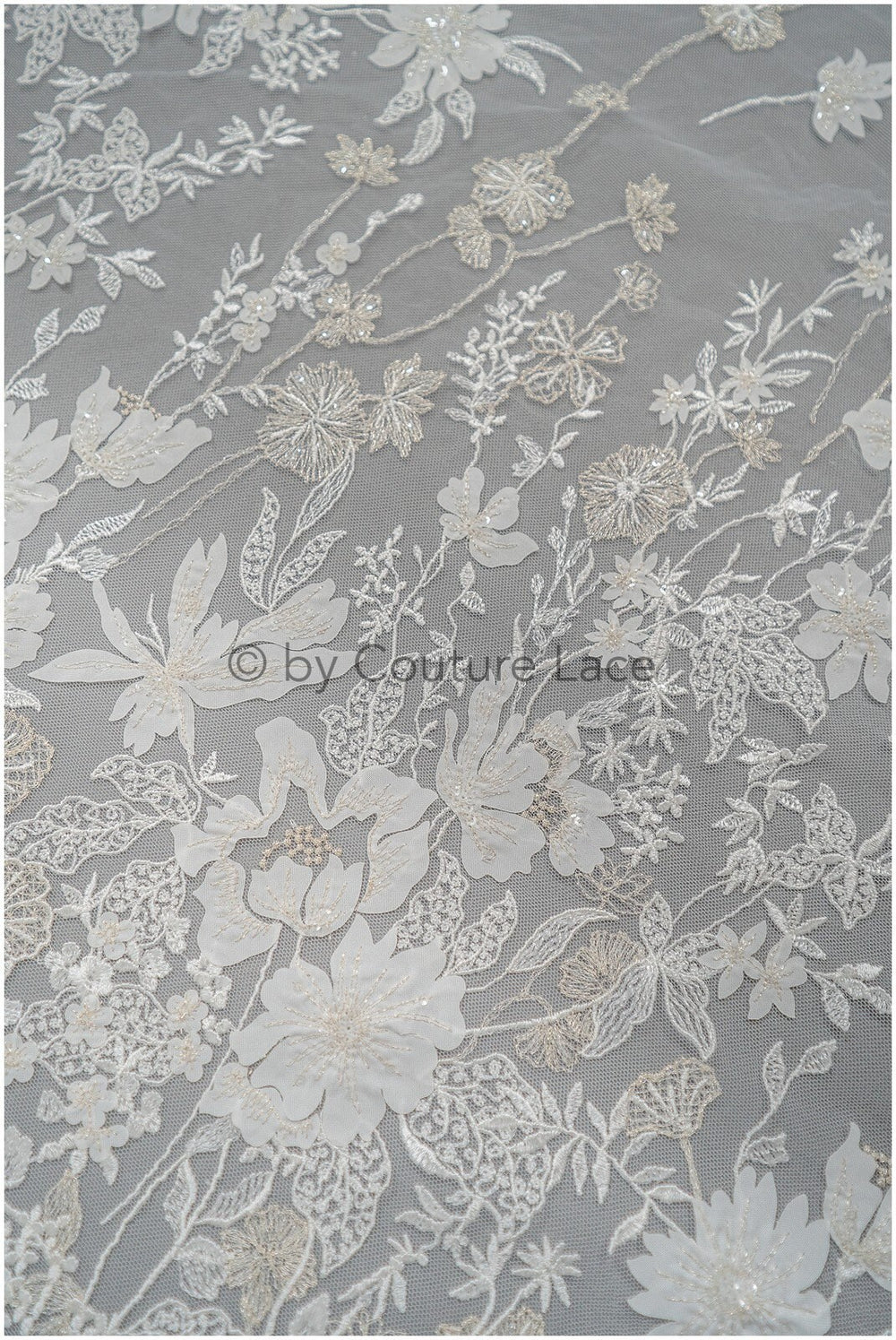 3D Blumen Spitzenstoff Off-White Silber/ Braut Spitzenstoff/ romantischer Blumen Spitzenstoff/ Hochzeit Spitzenstoff// L20-368