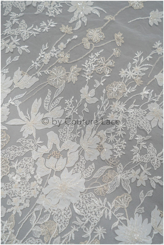 3D Blumen Spitzenstoff Off-White Silber/ Braut Spitzenstoff/ romantischer Blumen Spitzenstoff/ Hochzeit Spitzenstoff// L20-368