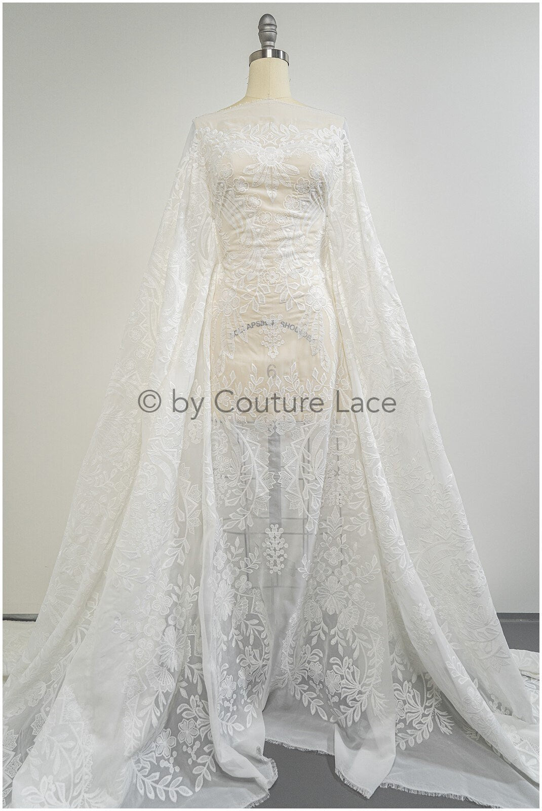 embroidered bridal lace fabric on chiffon base, chiffon wedding dress lace embroidery// L20-394