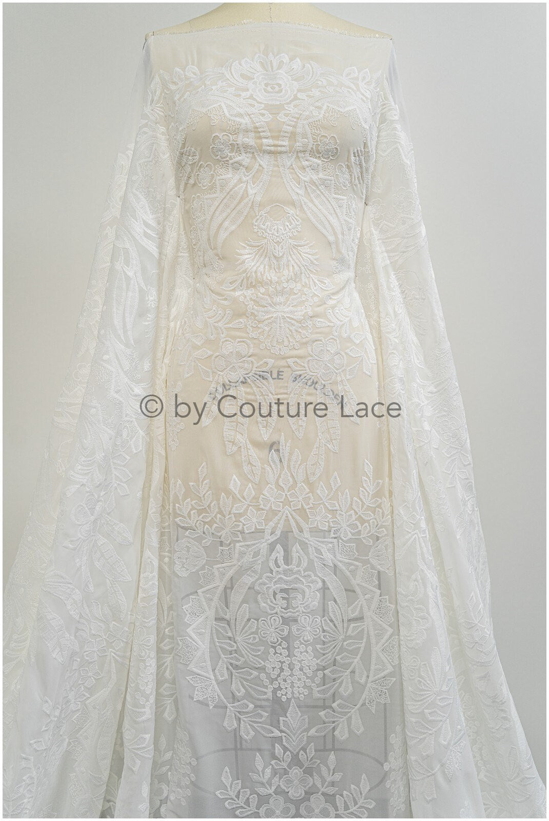 embroidered bridal lace fabric on chiffon base, chiffon wedding dress lace embroidery// L20-394