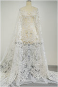 Embellished Patterned Lace Fabric Off-White/ Sequins Lace Fabric for Wedding Dresses/ Lace Fabric with Flowers &amp; Leaves// L20-339