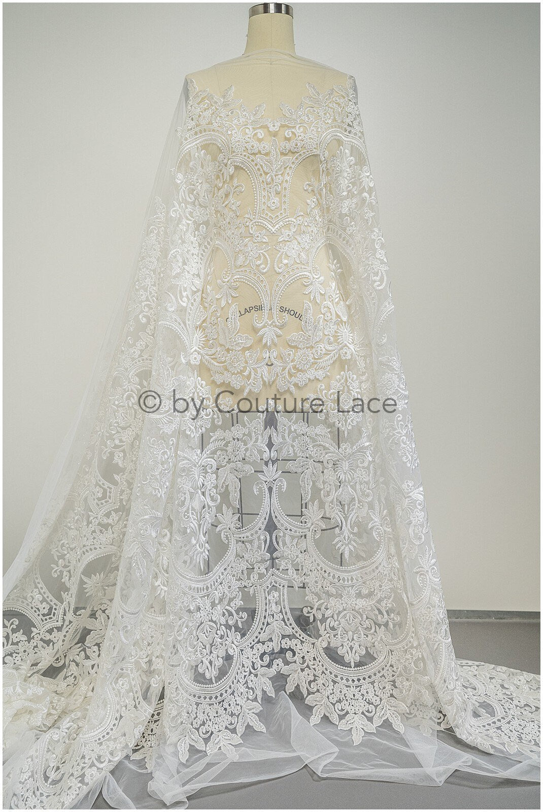 Embellished Patterned Lace Fabric Off-White/ Sequins Lace Fabric for Wedding Dresses/ Lace Fabric with Flowers &amp; Leaves// L20-339