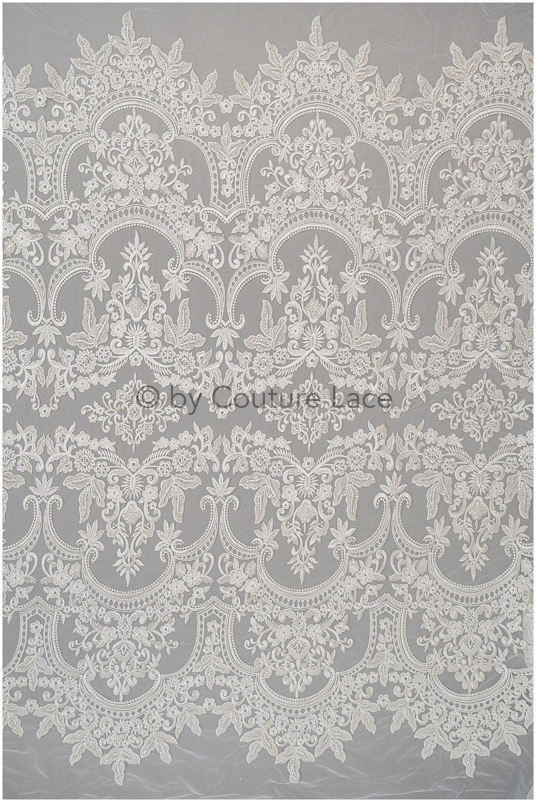 Embellished Patterned Lace Fabric Off-White/ Sequins Lace Fabric for Wedding Dresses/ Lace Fabric with Flowers &amp; Leaves// L20-339