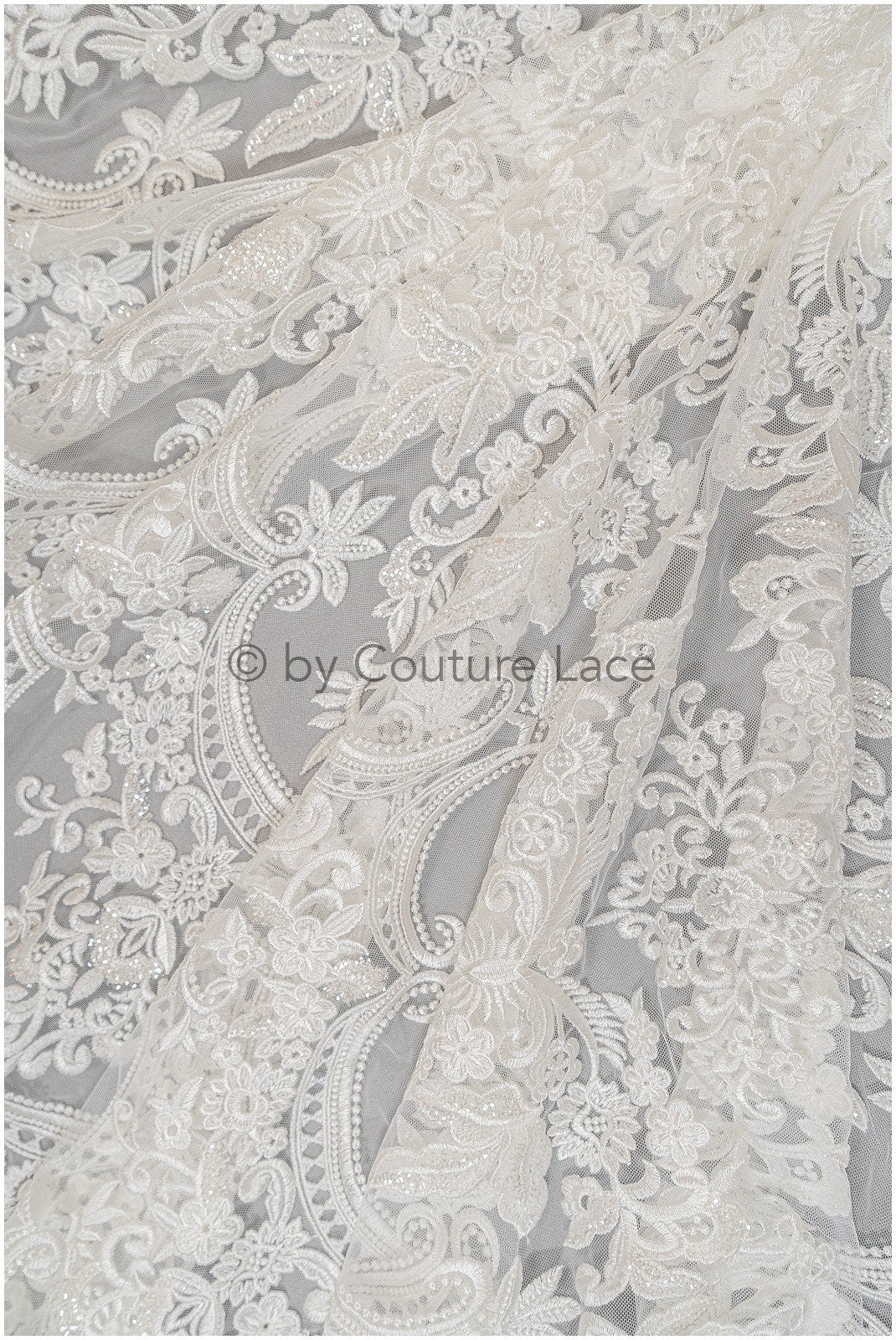 Embellished Patterned Lace Fabric Off-White/ Sequins Lace Fabric for Wedding Dresses/ Lace Fabric with Flowers &amp; Leaves// L20-339