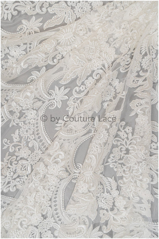 2,3yds / 2,1 Meter Verzierter gemusterter Spitzenstoff Off-White/ Pailletten Spitzenstoff für Brautkleider/ Spitzenstoff mit Blumen & Blättern// L20-339