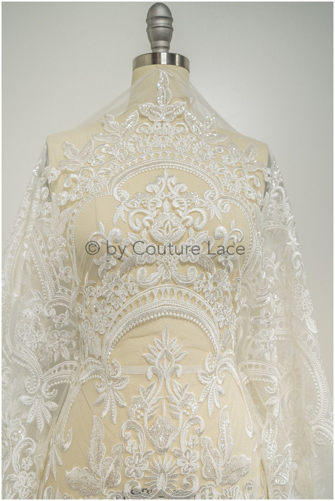 Embellished Patterned Lace Fabric Off-White/ Sequins Lace Fabric for Wedding Dresses/ Lace Fabric with Flowers &amp; Leaves// L20-339