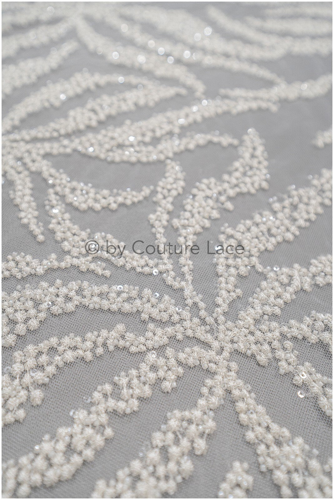 Beaded lace fabric ivory/ couture lace fabric with beads/ beaded crochet wedding lace/ bridal lace fabric with beads/ striped lace fabric// L20-346
