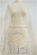 Beaded lace fabric ivory/ couture lace fabric with beads/ beaded crochet wedding lace/ bridal lace fabric with beads/ striped lace fabric// L20-346