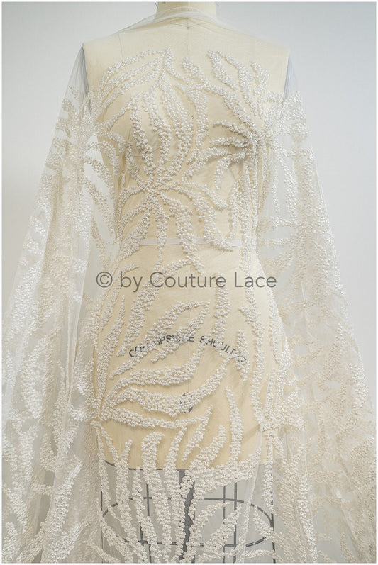 Perlen Spitzenstoff Elfenbein/ Couture Spitzenstoff mit Perlen/ perlengehäkelte Hochzeitsspitze/ Braut Spitzenstoff mit Perlen/ gestreifter Spitzenstoff// L20-346
