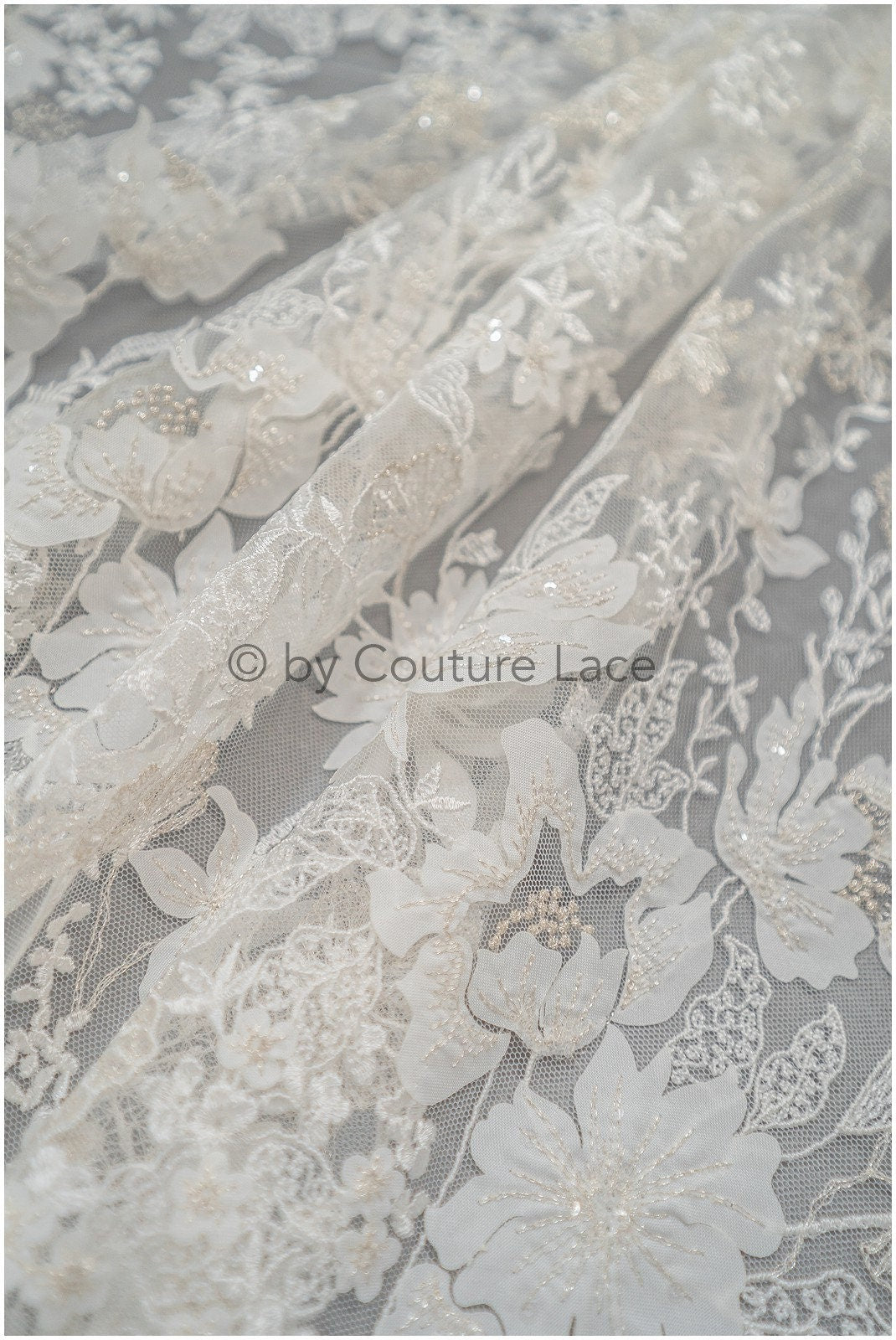 3D Blumen Spitzenstoff Off-White Silber/ Braut Spitzenstoff/ romantischer Blumen Spitzenstoff/ Hochzeit Spitzenstoff// L20-368