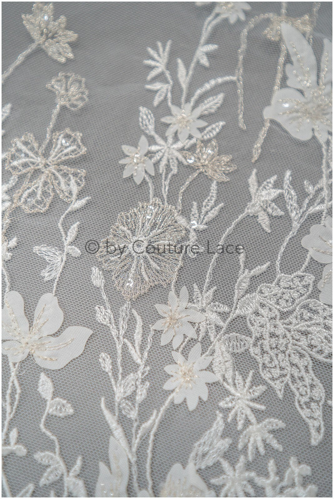 3D Blumen Spitzenstoff Off-White Silber/ Braut Spitzenstoff/ romantischer Blumen Spitzenstoff/ Hochzeit Spitzenstoff// L20-368
