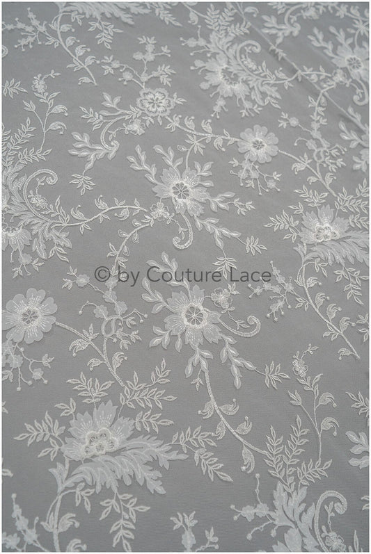 3D Blumen Spitzenstoff Off-White/ Braut Spitzenstoff/ romantischer Spitzenstoff mit 3D Blumen/ Hochzeit Spitzenstoff// L20-372