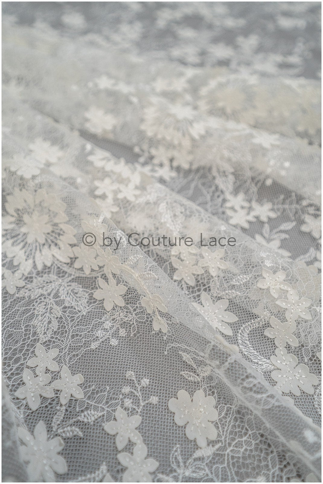 French 3D lace fabric off-white/ couture lace fabric with 3D flowers/ delicate bridal lace fabric/ bridal lace// L20-371