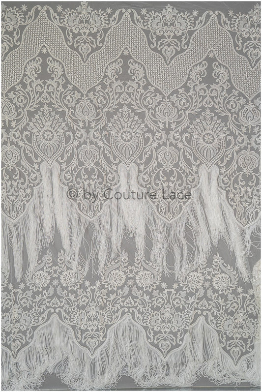 Fringed Boho Lace Fabric Off-White/ Lace Fabric with Fringes/ Boho Bridal Lace Fabric/ Bridal Lace with Flowers// L20-376