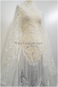 Fringed Boho Lace Fabric Off-White/ Lace Fabric with Fringes/ Boho Bridal Lace Fabric/ Bridal Lace with Flowers// L20-376