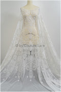 Bridal lace fabric off-white/ chiffon lace fabric for wedding dress/ crocheted lace/ boho lace fabric// L20-374