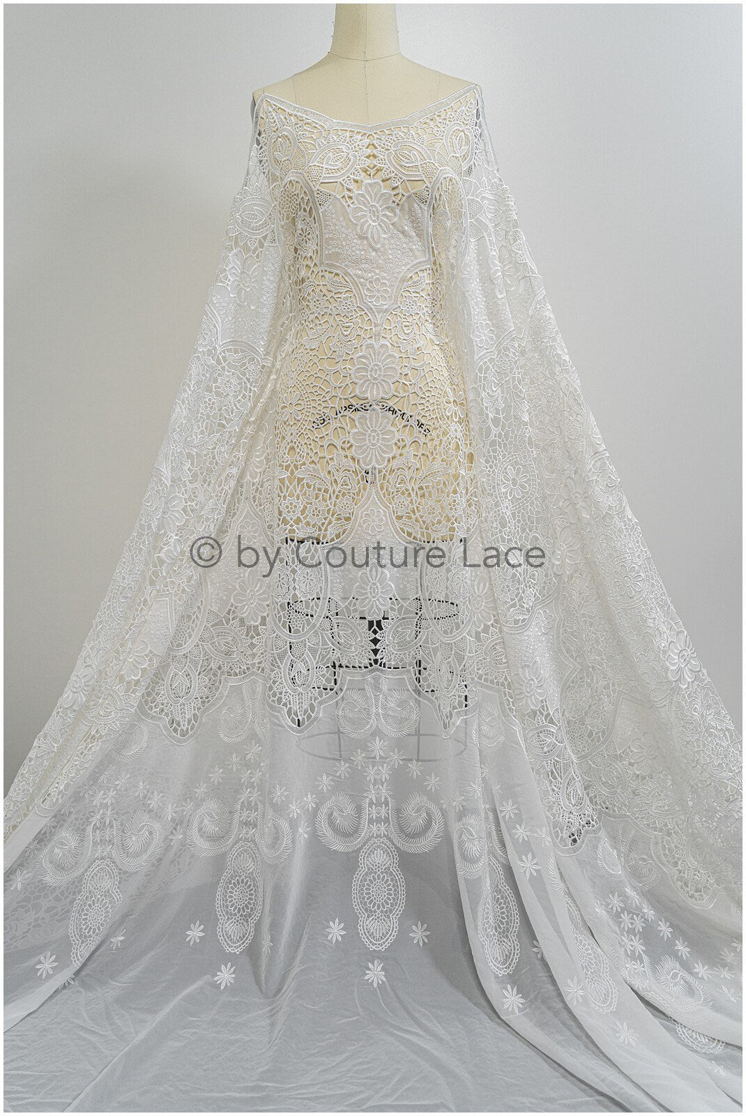 Bridal lace fabric off-white/ chiffon lace fabric for wedding dress/ crocheted lace/ boho lace fabric// L20-374