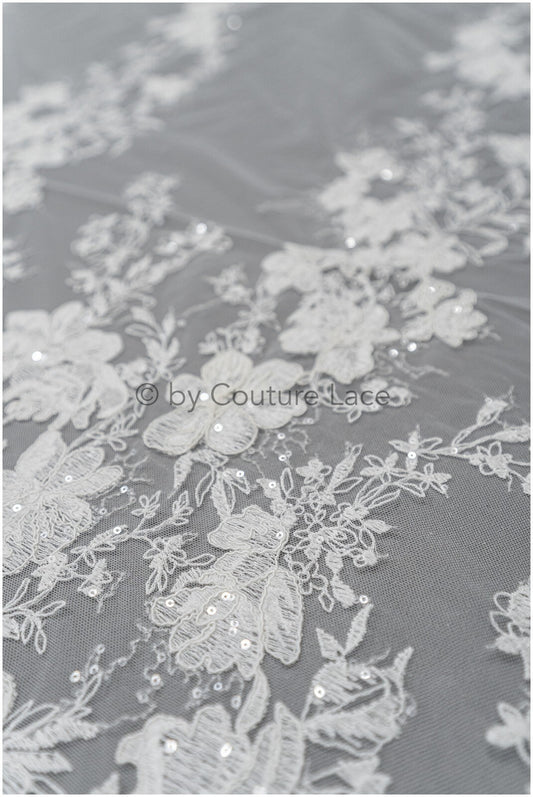 Floral lace fabric off-white/ floral lace with sequins/ floral lace/ romantic bridal lace// L20-367