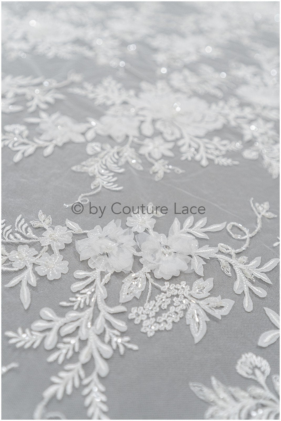 3D floral lace off-white/ couture lace fabric with 3D flowers &amp; pearls/ delicate bridal lace fabric/ bridal lace with flowers// L20-369