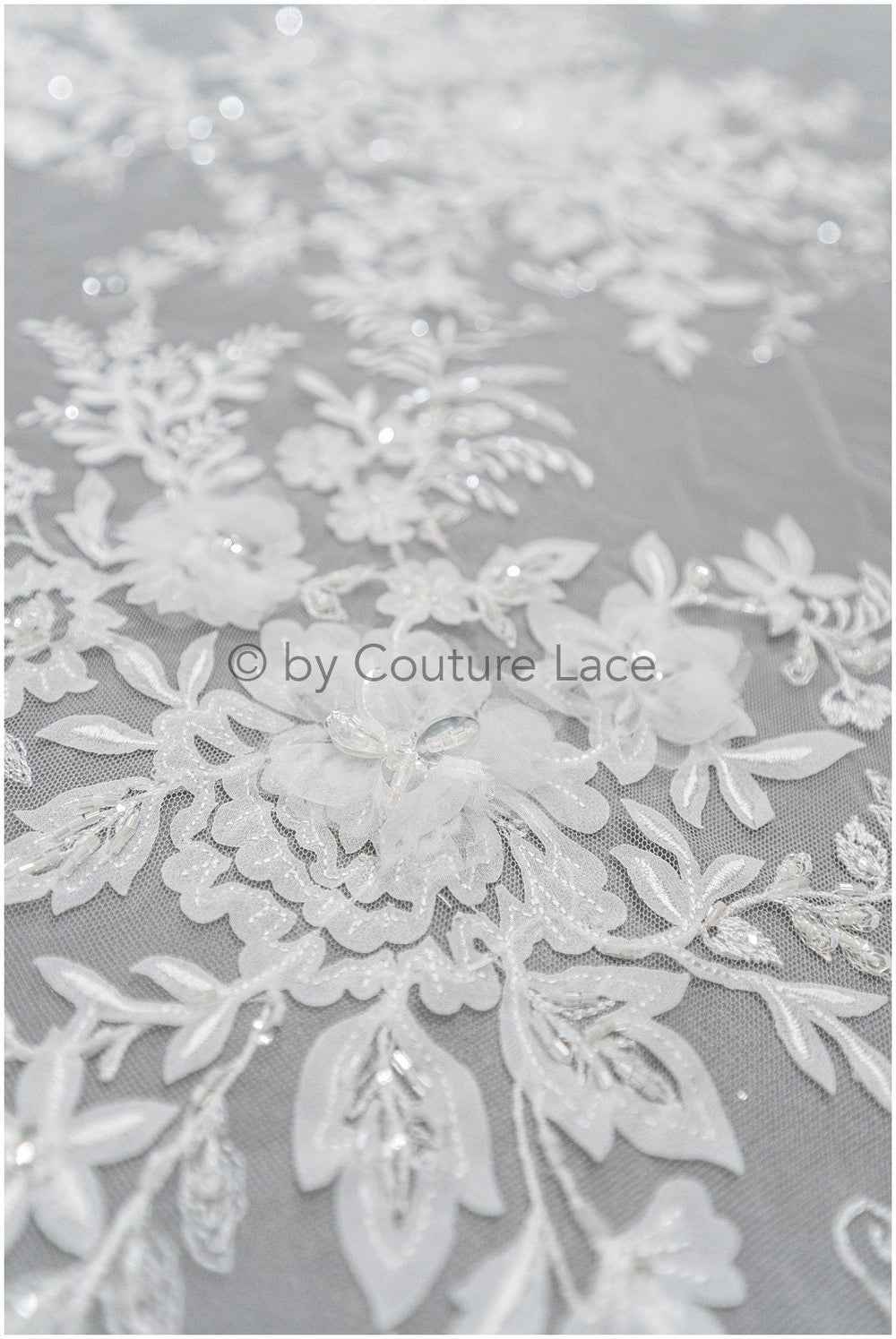 3D floral lace off-white/ couture lace fabric with 3D flowers &amp; pearls/ delicate bridal lace fabric/ bridal lace with flowers// L20-369