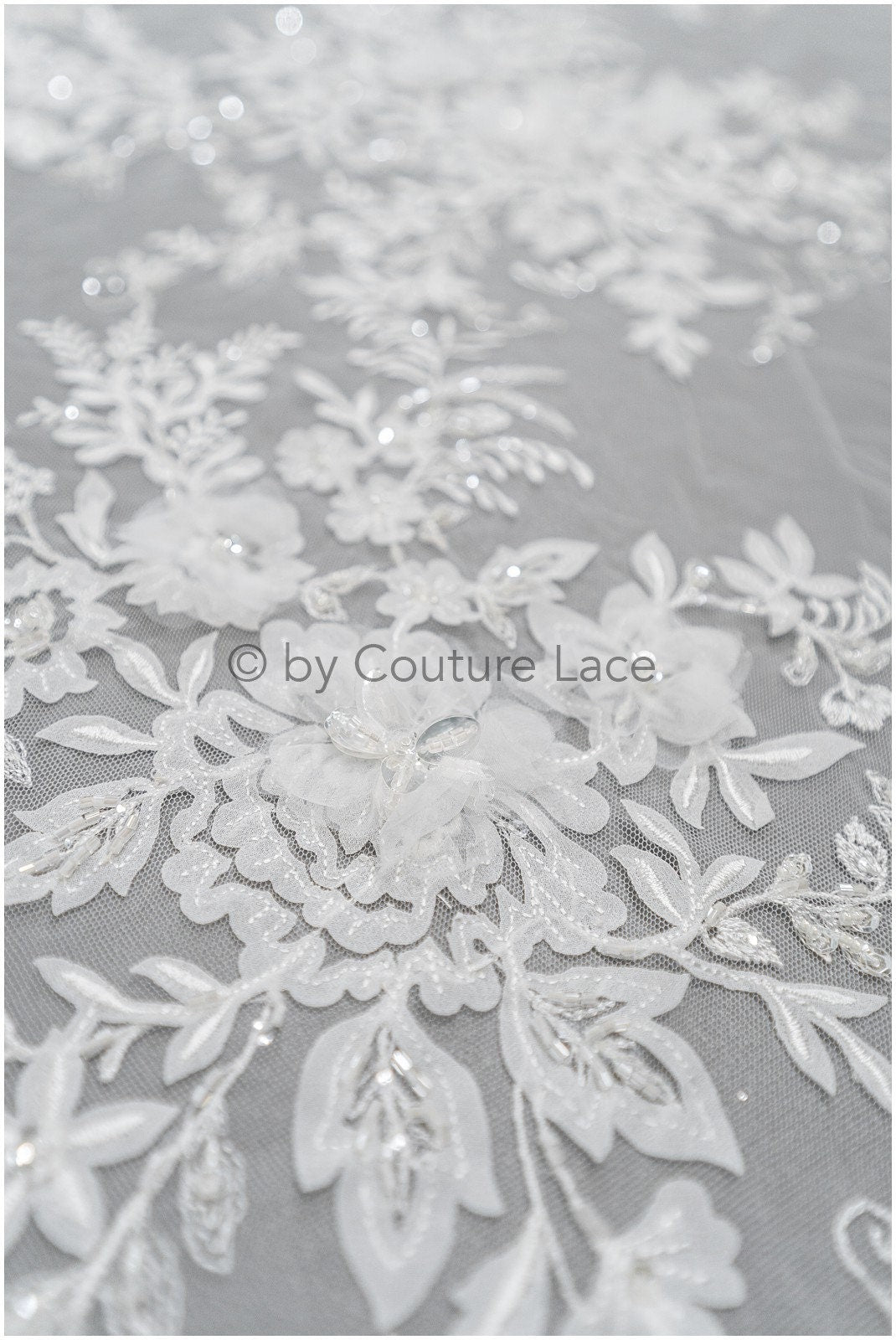 3D floral lace off-white/ couture lace fabric with 3D flowers &amp; pearls/ delicate bridal lace fabric/ bridal lace with flowers// L20-369