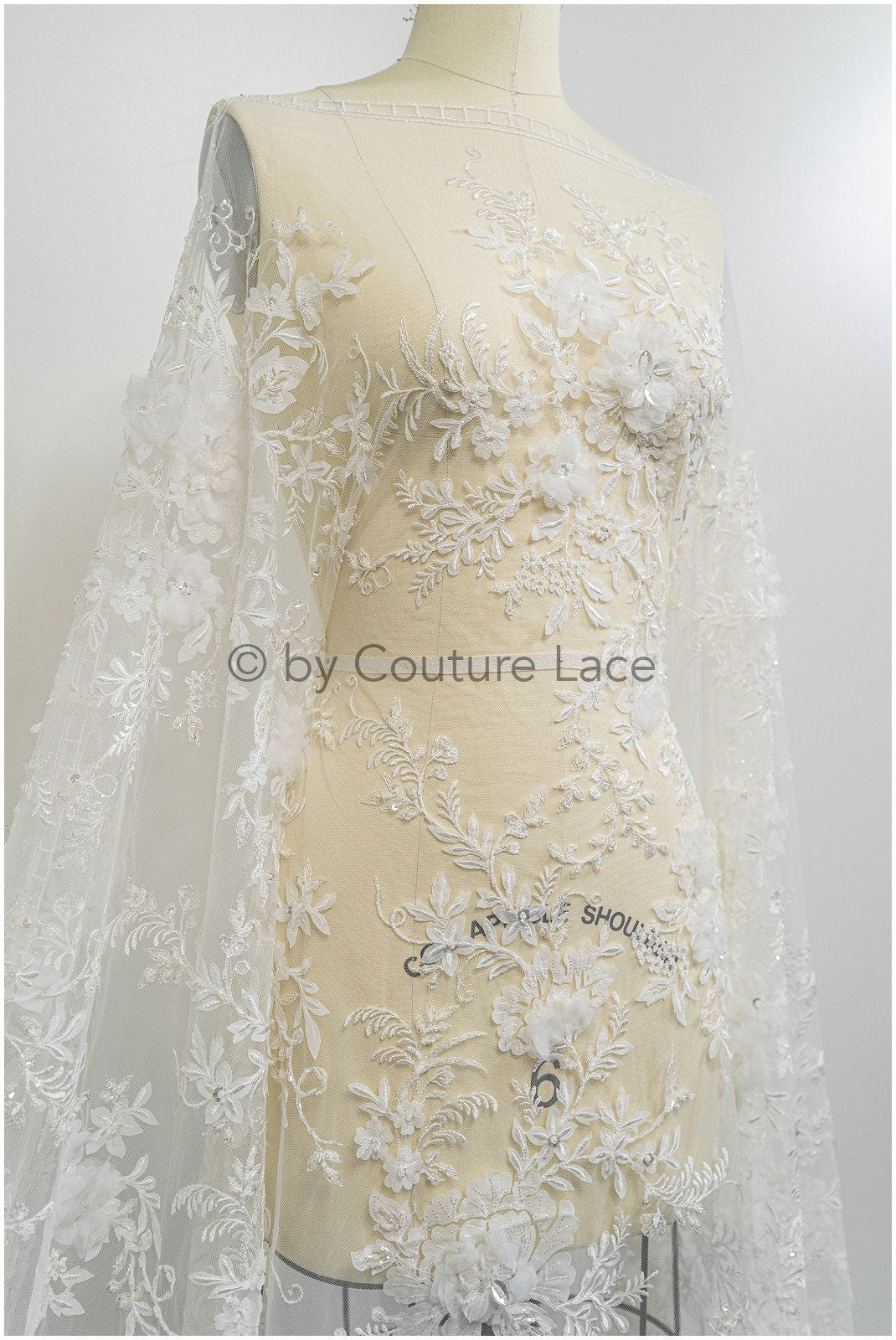 3D floral lace off-white/ couture lace fabric with 3D flowers &amp; pearls/ delicate bridal lace fabric/ bridal lace with flowers// L20-369