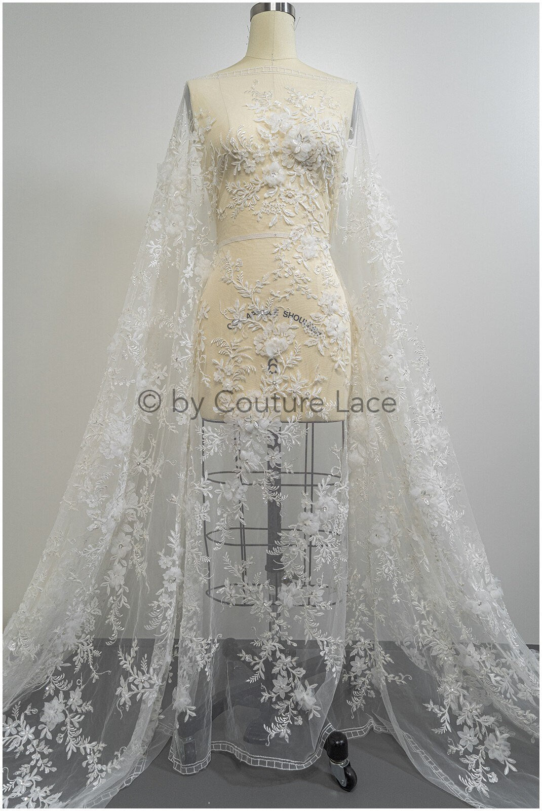 3D floral lace off-white/ couture lace fabric with 3D flowers &amp; pearls/ delicate bridal lace fabric/ bridal lace with flowers// L20-369