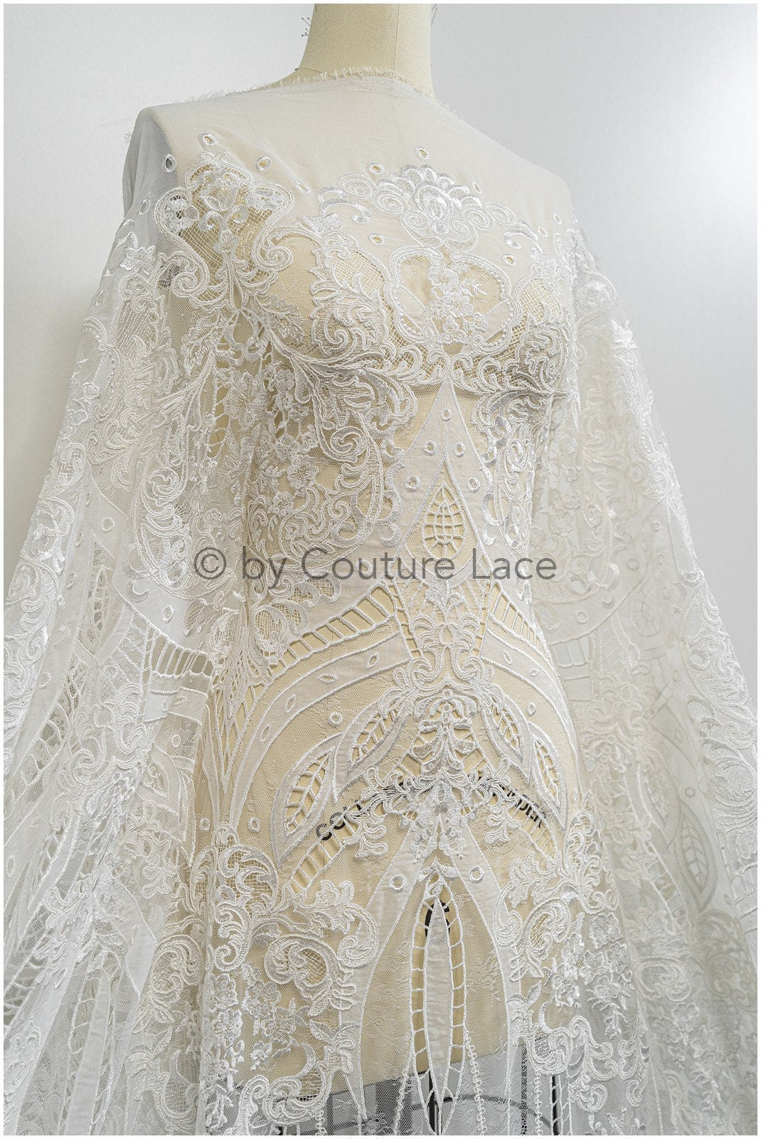 Tissu de dentelle en mousseline de soie de luxe/ dentelle de mariée au crochet blanc cassé/ dentelle de mariée boho// L20-370