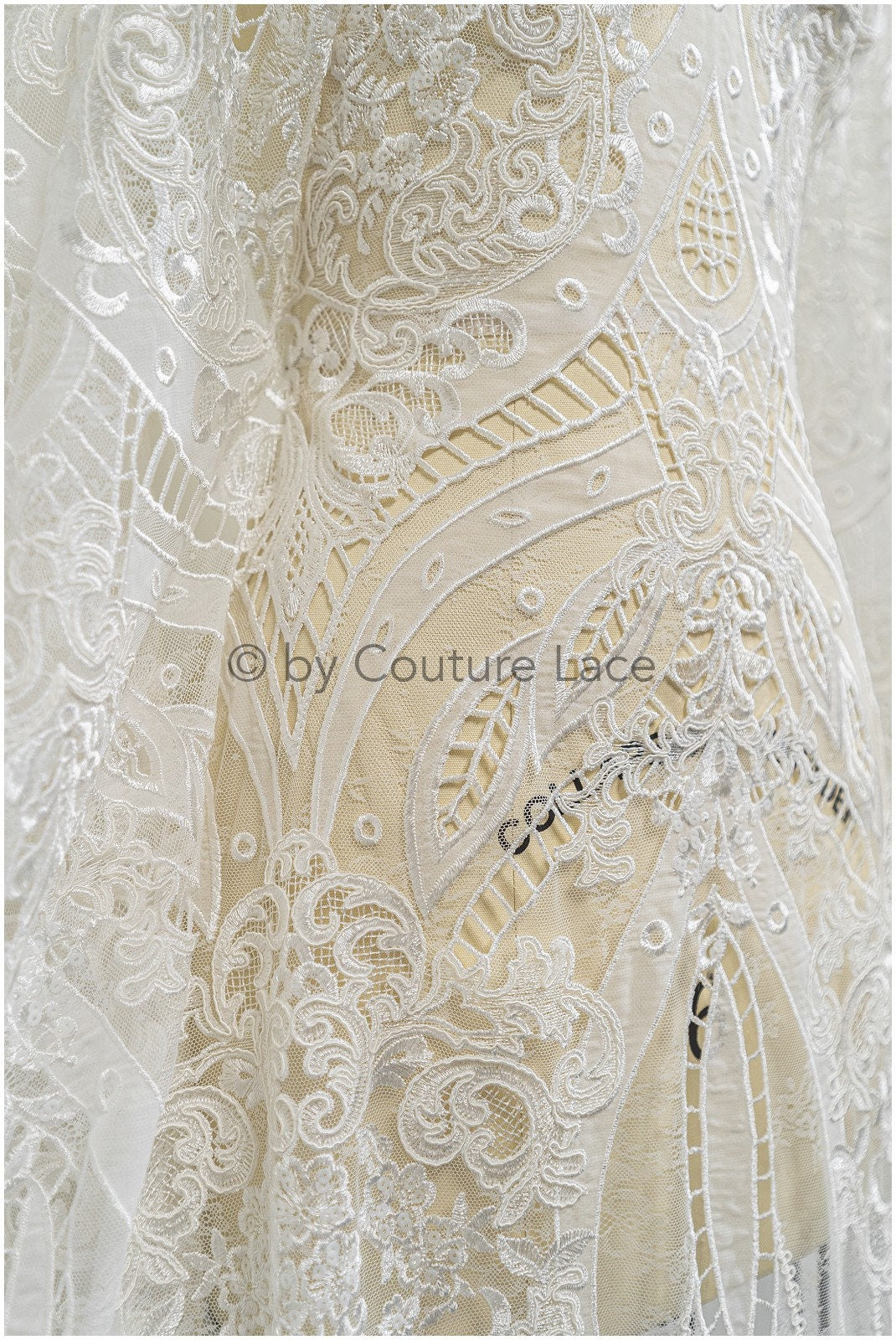 Tissu de dentelle en mousseline de soie de luxe/ dentelle de mariée au crochet blanc cassé/ dentelle de mariée boho// L20-370