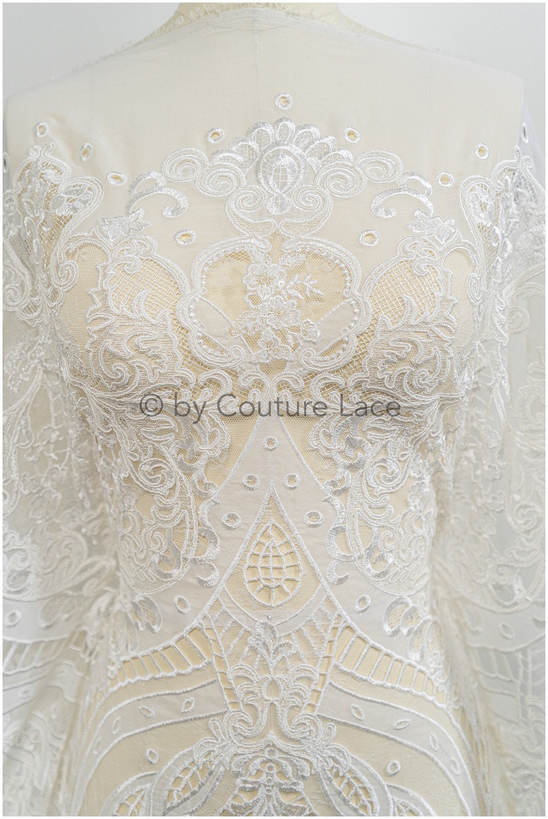 Tissu de dentelle en mousseline de soie de luxe/ dentelle de mariée au crochet blanc cassé/ dentelle de mariée boho// L20-370