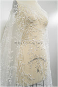 Beautiful pearl lace fabric off-white/ Couture lace fabric with pearls &amp; sequins/ Bridal lace with branches &amp; leaves// L20-399