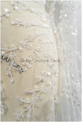 Beautiful pearl lace fabric off-white/ Couture lace fabric with pearls &amp; sequins/ Bridal lace with branches &amp; leaves// L20-399
