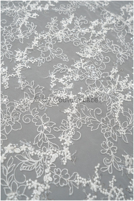 Blumen Spitzenstoff mit Pailletten, Braut spitzenstoff mit kleinen Blumen, Brautblumen spitze, floraler Spitzenstoff für Hochzeitskleid// L20-400