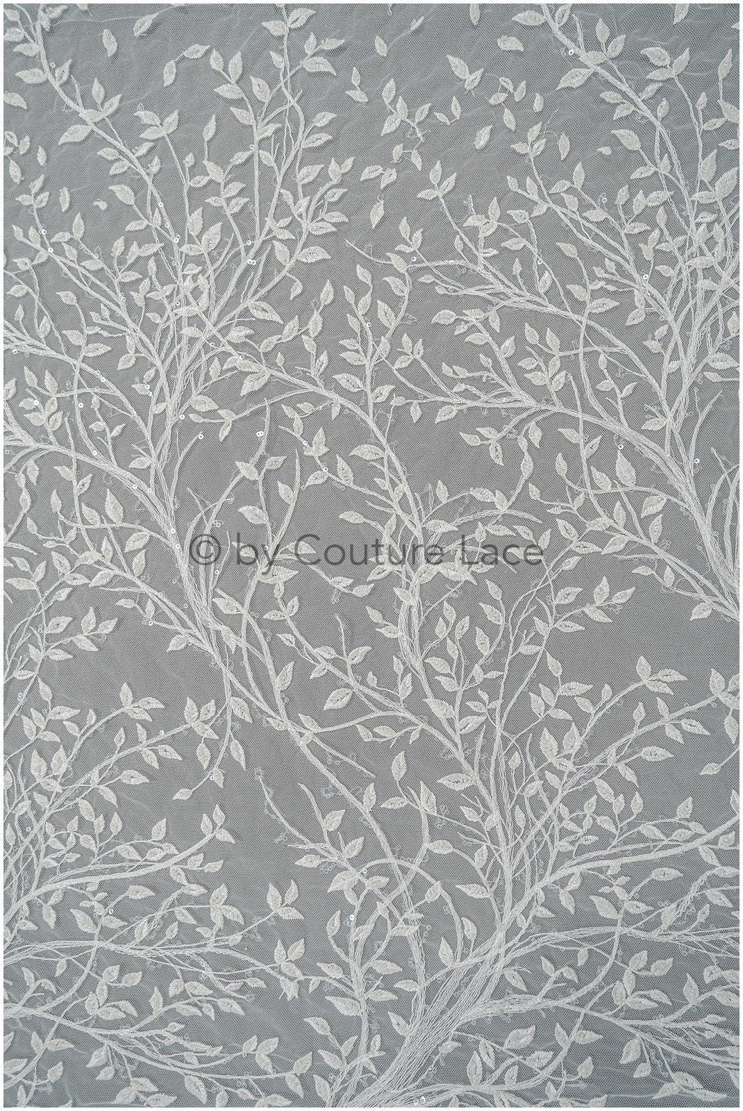 Beautiful pearl lace fabric with small leaves/ Couture lace fabric off-white/ Bridal lace with branches &amp; leaves// L20-401