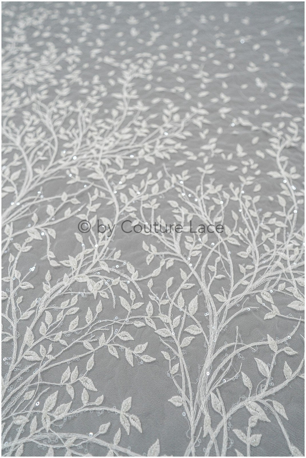 Beautiful pearl lace fabric with small leaves/ Couture lace fabric off-white/ Bridal lace with branches &amp; leaves// L20-401
