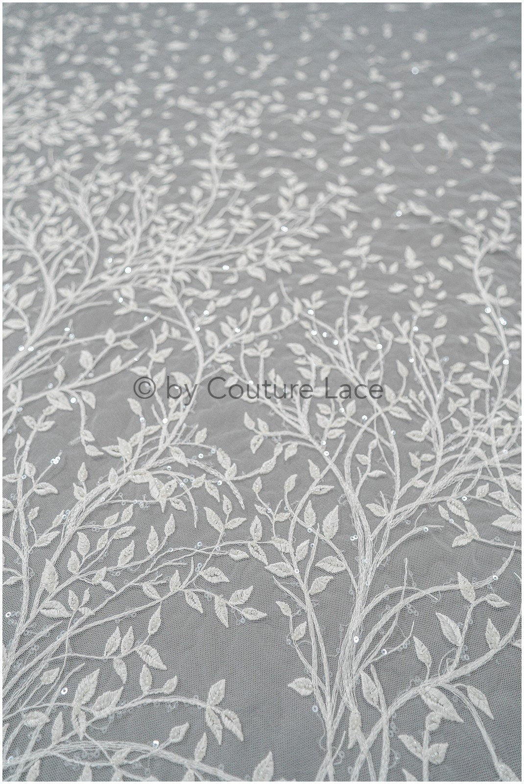 Beautiful pearl lace fabric with small leaves/ Couture lace fabric off-white/ Bridal lace with branches &amp; leaves// L20-401