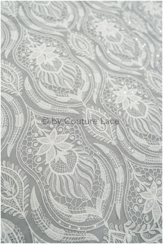 Boho Pfauen Spitze Stoff Off-White/ Braut Spitzenstoff mit Pailletten/ Boho Brautspitze/ Vintage Brautspitze/ florale Spitze// L20-405